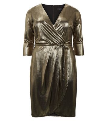 Curves Gold Metallic Wrap Front Dress | New Look